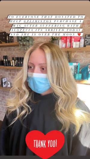 Model wearing blonde balayage 18-inch HD lace human hair wig in body wave texture – Nuola Wigs.