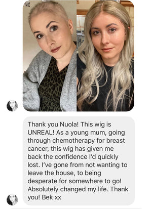 Model wearing blonde balayage 18-inch HD lace human hair wig in body wave texture – Nuola Wigs.