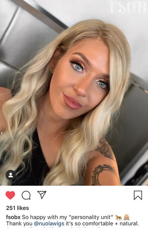 Model wearing blonde balayage 22-inch HD lace human hair wig in body wave texture – Nuola Wigs.