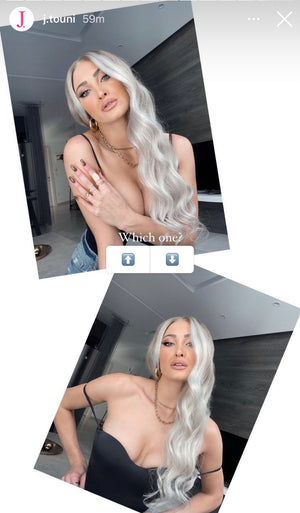 Model wearing blonde balayage 22-inch HD lace human hair wig in body wave texture – Nuola Wigs.