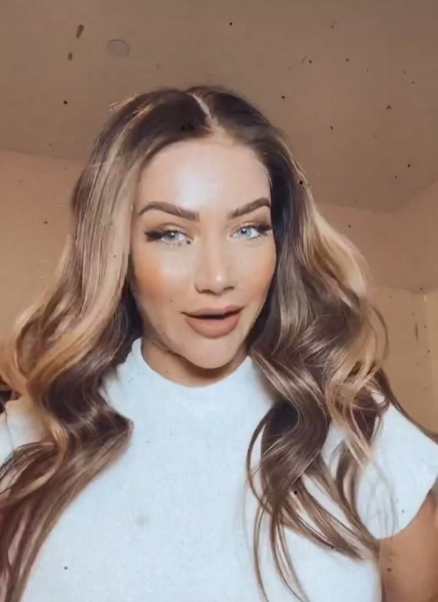 Model wearing brown balayage 18-inch HD lace human hair wig in body wave texture – Nuola Wigs.