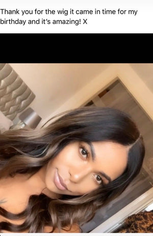 Model wearing brown balayage 20-inch HD lace human hair wig in body wave texture – Nuola Wigs.