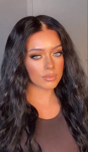 Model wearing brown balayage 20-inch HD lace human hair wig in body wave texture – Nuola Wigs.