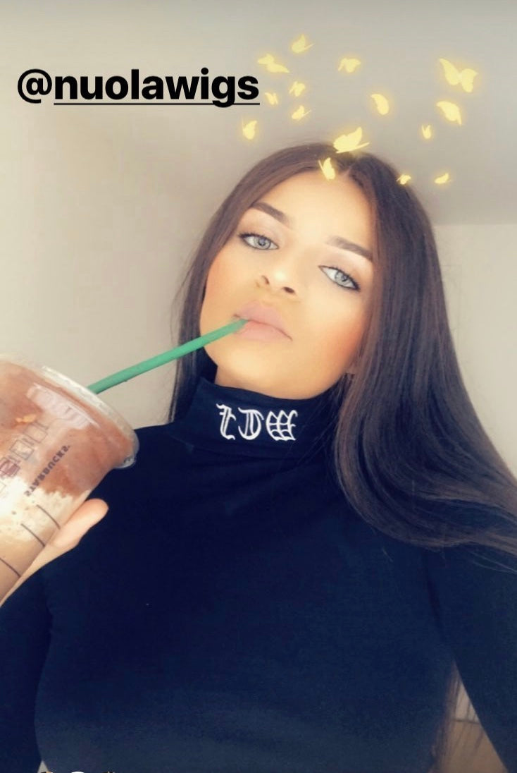 Model wearing brown balayage 20-inch HD lace human hair wig in body wave texture – Nuola Wigs.