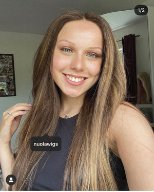 Model wearing brown balayage 22-inch HD lace human hair wig in body wave texture – Nuola Wigs.