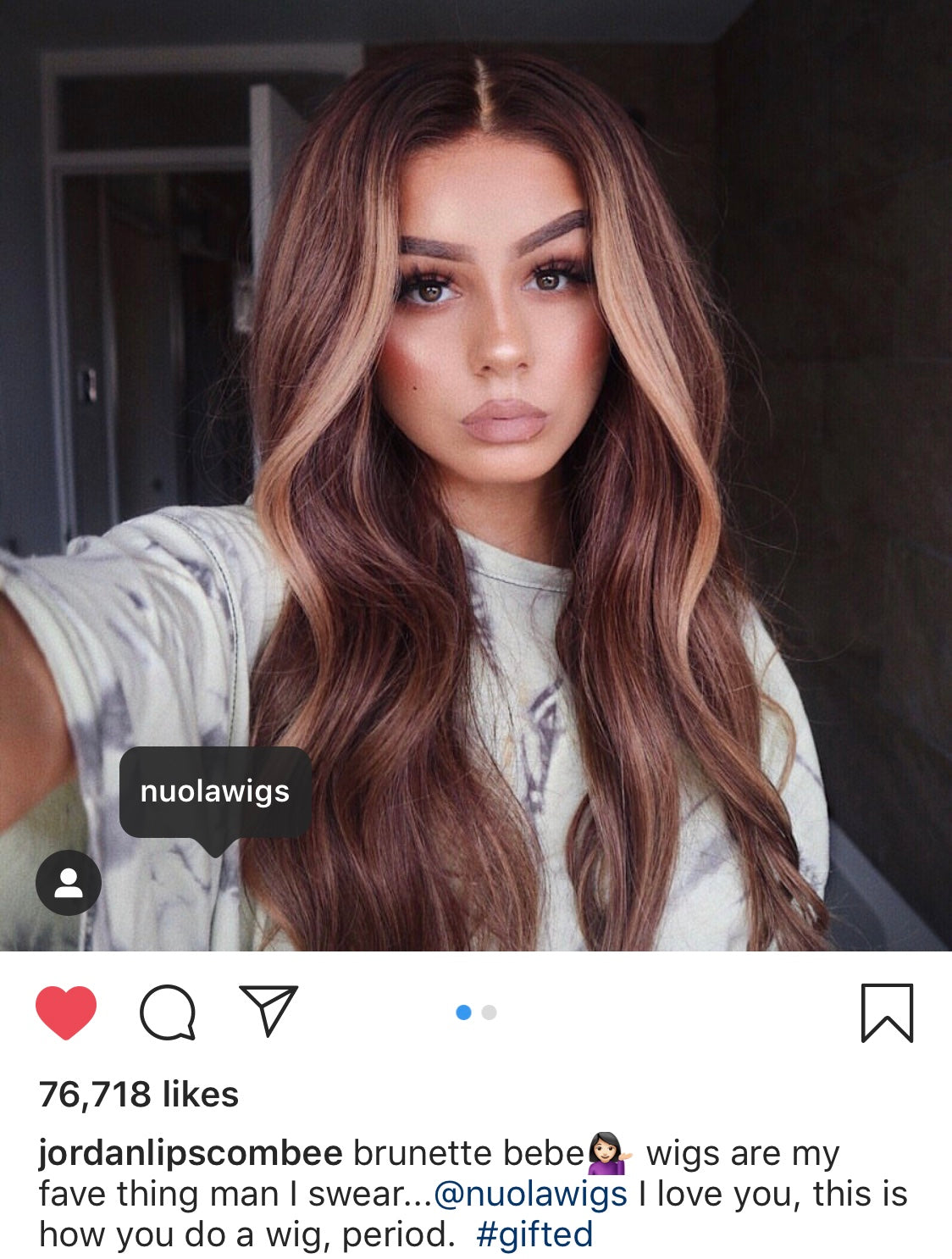 Model wearing brown balayage 22-inch HD lace human hair wig in body wave texture – Nuola Wigs.