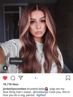 Model wearing brown balayage 22-inch HD lace human hair wig in body wave texture – Nuola Wigs.