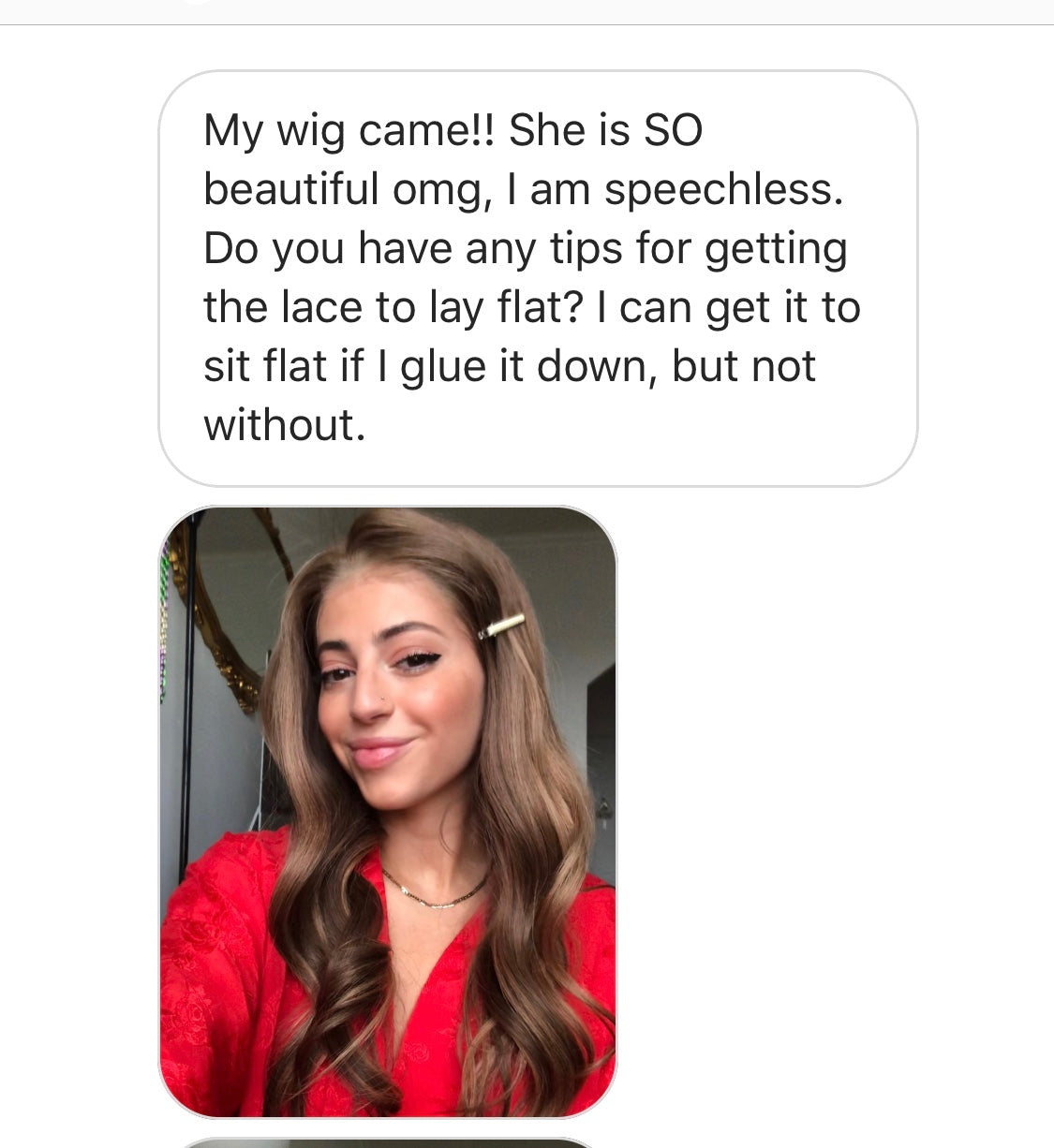 Model wearing brown balayage 22-inch HD lace human hair wig in body wave texture – Nuola Wigs.