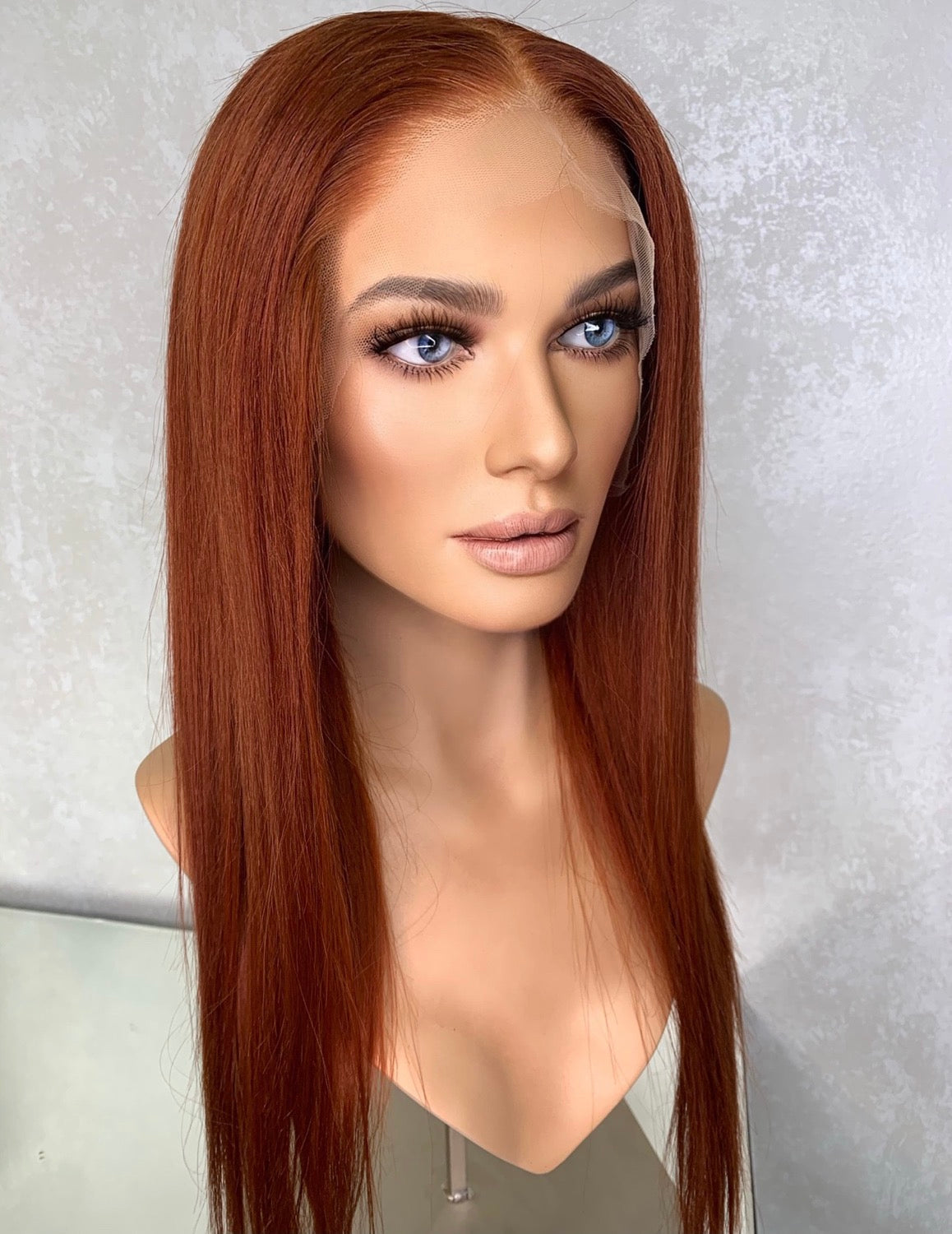 Model wearing red 18-inch HD lace human hair wig in body straight texture – Nuola Wigs.